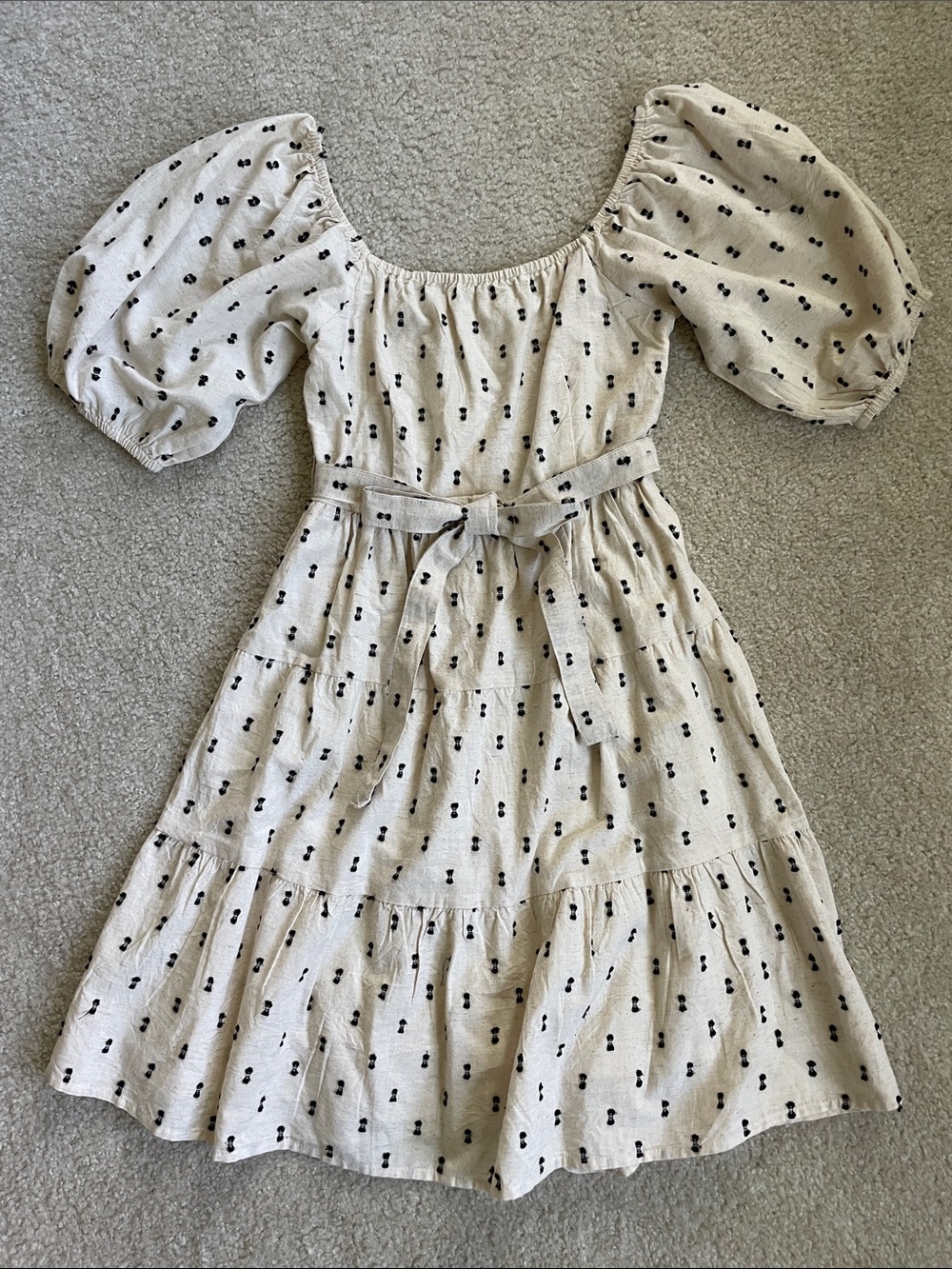 🛍️ 2/$30 | Cream Linen Blend Puff Sleeve Dress with Black Dot Motif